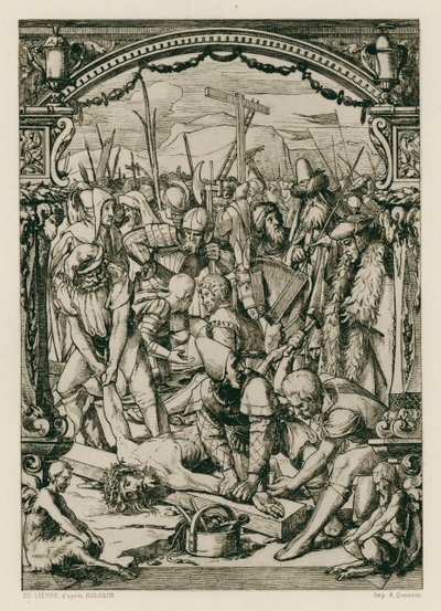 Jesus Kristus, spikad på korset (gravyr) av Hans (after) Holbein the Younger
