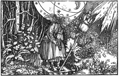 Gammal kvinna (häxa eller älva) som snurrar av Hans (after) Holbein the Younger