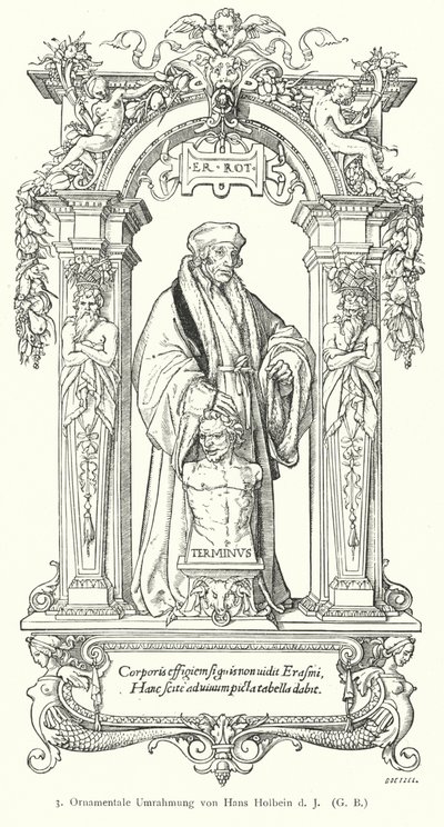 Porträtt av holländsk renässanshumanistforskare Desiderius Erasmus med prydnadsram (gravyr) av Hans (after) Holbein the Younger