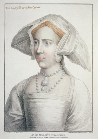 Porträtt av Lady Mary efter drottning (1516-58) graverad av Francesco Bartolozzi (1727-1815) 1796 (gravyr) av Hans (after) Holbein the Younger