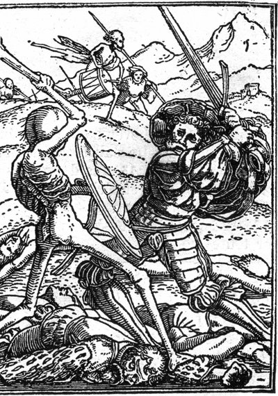 Hans Holbein den unges skendöd (1497-1543): soldaten. En soldat bekämpar döden; vid deras fötter ligger andra krigares kroppar. Gravyr. av Hans (after) Holbein the Younger
