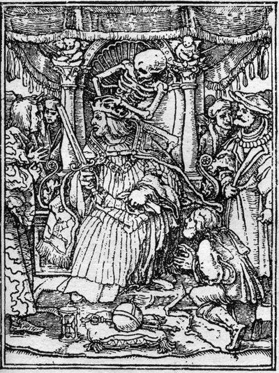 Simuleringarna av Hans Holbein den unges död (1497-1543): kejsaren. Medan Döden tar bort kejsarens krona, ber en bonde honom om rättvisa. Gravyr. av Hans (after) Holbein the Younger