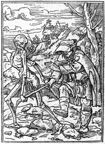 Simuleringarna av Hans Holbein den yngres (1497-1543) död: de blinda. Döden tar tag i den blindes käpp och fungerar som en guide. Gravyr. av Hans (after) Holbein the Younger