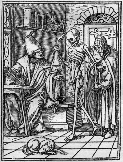 Simuleringarna av Hans Holbein den yngres (1497-1543) död: doktorn. Döden kommer mellan läkaren och hans patient. Gravyr. av Hans (after) Holbein the Younger