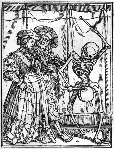 Simuleringarna av Hans Holbein den yngres (1497-1543) död: männen. Döden spelar trumman inför ett par. Gravyr. av Hans (after) Holbein the Younger