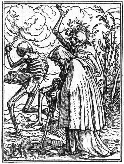 Simuleringarna av Hans Holbein den yngres död (1497-1543): den gamla. Döden följer med en gammal dam till hennes öde. Gravyr. av Hans (after) Holbein the Younger