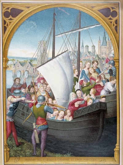 Jungfruernas landstigning i Köln och deras martyrskap, från ca. schack av Saint Ursula, Brygge, av Memling av Hans (after) Memling