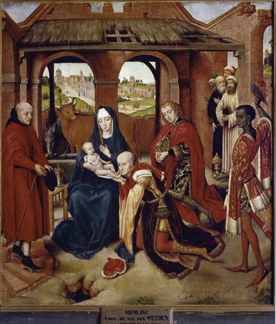 Tillbedjan av Magi, Central panel av Polyptych of Loo (olja på trä av Hans (attr.to) Memling
