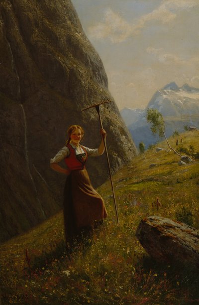 Dairymaid with Rake (olja på duk) av Hans Andreas Dahl