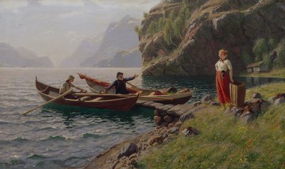 Vardagsliv i fjordarna (olja på duk) av Hans Andreas Dahl