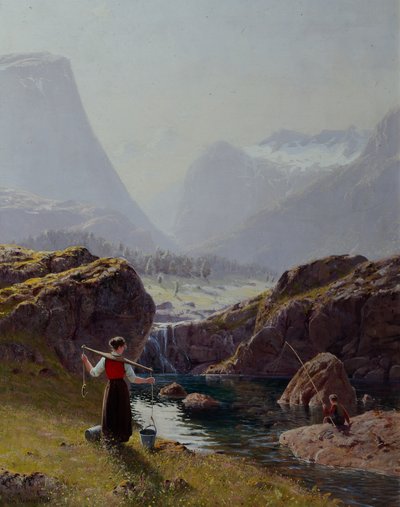Tjej med hinkar med vatten och pojkfiske (olja på duk) av Hans Andreas Dahl