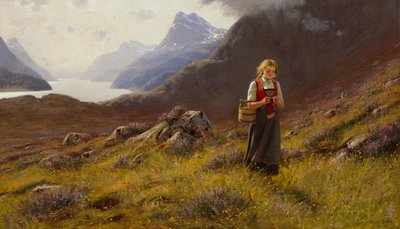 Knitting Dairymaid (olja på duk) av Hans Andreas Dahl