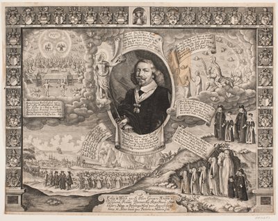 Gregers Krabbe till Torstedlund omgiven av allegoriska framställningar och sköldar av Hans Andreas Greys