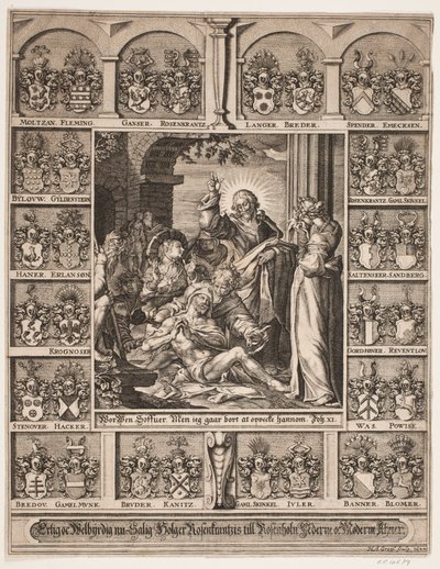 Lasarus uppväckande. Omgiven av Holger Rosenkrantz sköldar av Hans Andreas Greys