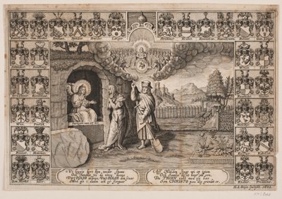 Titelsida till begravningspredikan för Ida Langs med skildring av Kristus som trädgårdsmästare och Maria Magdalena av Hans Andreas Greys