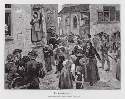 Kvinna i skampålen (gravyr) av Hans Bachmann