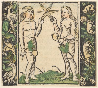 Adam och Eva håller en stjärna, illustration från Decided Gart des Rosary Mariae. av Hans Baldung