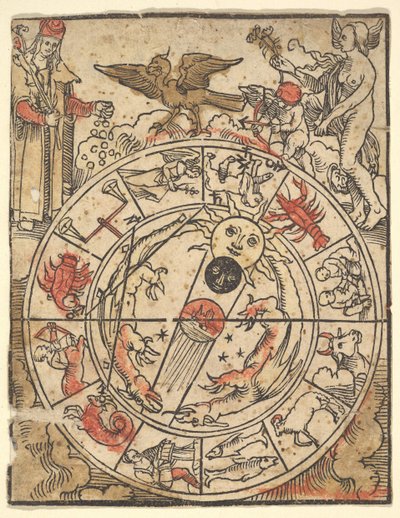 Karta över zodiakens tecken med Venus, Amor och en biskopshelgon. av Hans Baldung