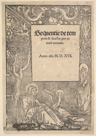 Sankt Johannes evangelisten på Patmos, titelsida från Hymni de tempore et de sanctis, 1516 av Hans Baldung