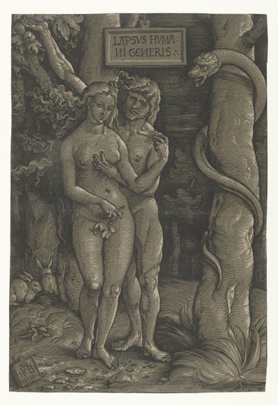Adam och Evas frestelse i paradiset Människans fall Lapsvs Hvmani Generis (titel på objekt) av Hans Baldung Grien