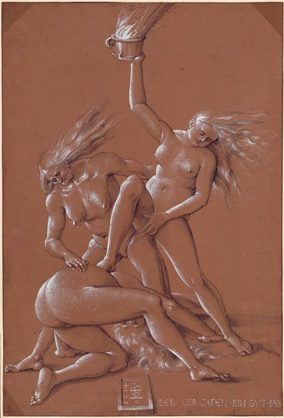 Nyårshälsning med tre häxor - Konstverk av Hans Baldung (1484-1545) bläck och vit krita på papper av Hans Baldung Grien