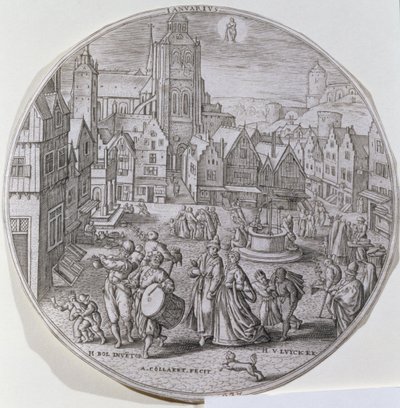 Januari, som visar borgare som firar tolfte natten på torget i Bergen, från en uppsättning av tolv "Årets månader", graverad av Adriaen Collaert (1560-1618) av Hans Bol