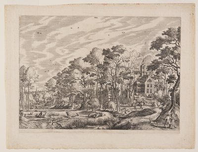 Vy över en by med ett slott till höger, plansch 1 ur Landskap med vyer över byar av Hans Bol