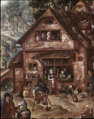 Utsikt över byn med burleska scener. Detalj av krogen av Hans Bol