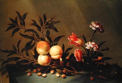 Stilleben av persikor och blommor, 1641 av Hans Bollongier