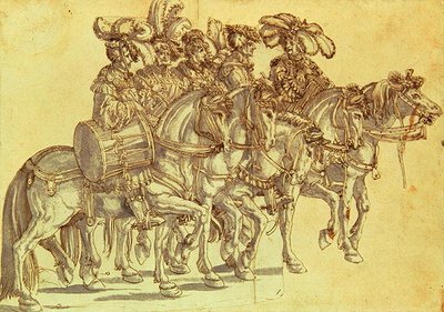 Fem trummisar till häst, ca 1500 (penna & bläck och tvätt på papper) av Hans Burgkmair