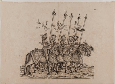 Kejsar Maximilian I:s triumf: Femtioförsta styrelsen, deltagare i Rennen (tornerspel eller lätt tävling) av Hans Burgkmair