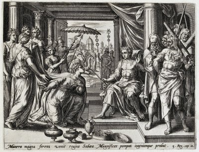 Solomon ontangt de koningin van Seba Geschiedenis van Salomo (serietitel) The History of King Salomon (...) (serietitel) Skatten av det gamla testamentets heliga historia, utvald av de mest utmärkta bilder som uttrycks i denna konst av Hans Collaert (I) (attributed to)