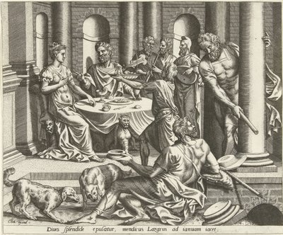 Lasarus tigger om den rike mannens hus The History of Lazarus and the Rich Man (serietitel) av Hans Collaert (I) (possibly)