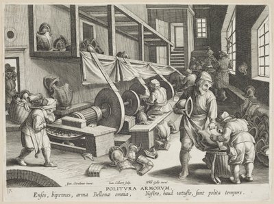 Politura Armorum (Polerande armar), plåt 17 från serien Nova Reperta (Modern Discoveries) c.1588 (gravyr på lagt papper) av Hans Collaert