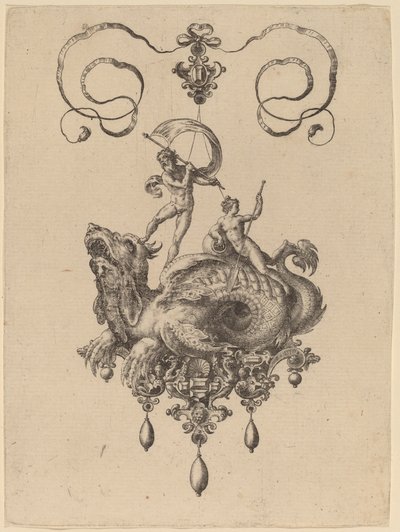 Design för ett hänge med ett havsmonster som bär Thetis och en man med ett segel av Hans Collaert the Elder