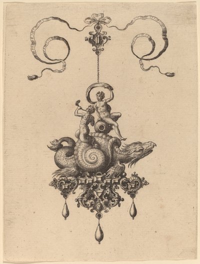 Design för ett hänge med ett havsmonster i ett skal som bär en Triton och en kvinna med ett segel av Hans Collaert the Elder