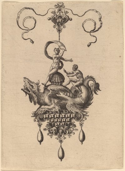 Design för ett hänge med ett bevingat havsmonster som bär Venus Anadyomene på ett skal och en man med en åra av Hans Collaert the Elder