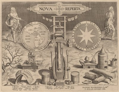 Titelsida för Nova Reperta (Nya upptäckter) av Hans Collaert the Younger after Jan van der Straet