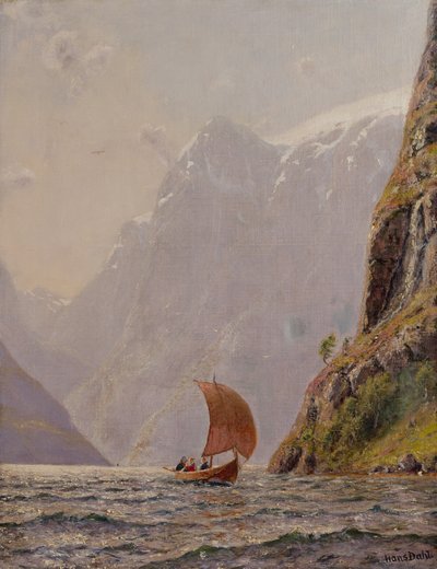 Segling i en fjord (olja på duk) av Hans Dahl