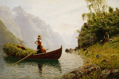 Kvinna och man i fjordlandskap av Hans Dahl
