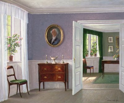 En solbelyst interiör (olja på duk) av Hans Hilsoe