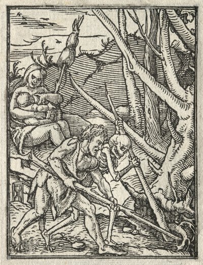 Dödsdansen: Utvisning från paradiset; Adam odlar marken av Hans Holbein