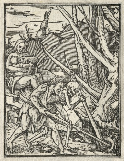 Dödsdansen: Utvisning från paradiset, Adam kultiverar jorden. av Hans Holbein