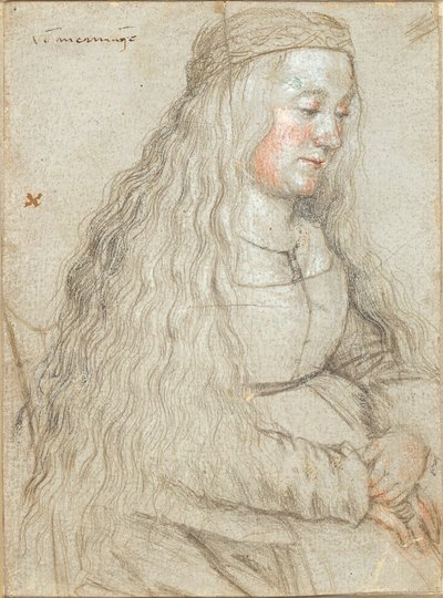 Sittande brud med flödande hår och pannband av Hans Holbein d.Æ.