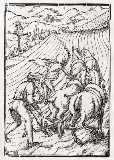 Döden kommer för bonden eller husbonden, graverad av Georg Scharffenberg, ur "Der Todten Tanz", utgiven i Basel 1843. av Hans Holbein der Jüngere