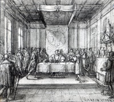 Henrik VIII i sin hemliga kammare (penna, bläck och tvätt på papper) av Hans Holbein der Jüngere