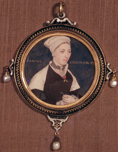 Miniatyrporträtt av Jane Small, tidigare känd som Mrs. Robert Pemberton, ca 1540 (wc på veläng monterat på spelkort) av Hans Holbein der Jüngere