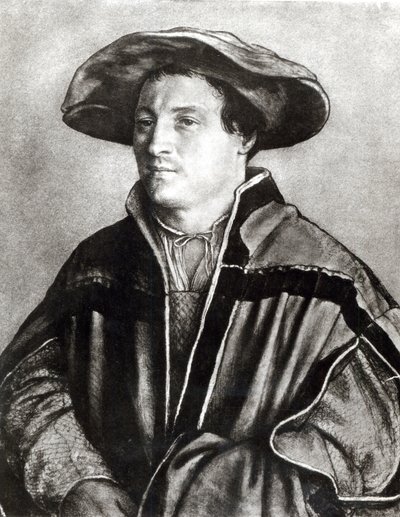 Porträtt av en man med röd hatt, ca 1530 (krita och wc på papper) av Hans Holbein der Jüngere
