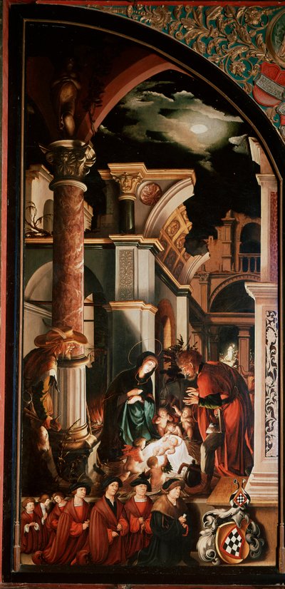 Altartavla Oberried: ”The Adoration of Shepherds”” Detrempe på trä av Hans Holbein den unge (1497/8-1543) 1521-1522 Sön. 231x109 cm Cathedrale de Fribourg, Schweiz av Hans Holbein der Jüngere
