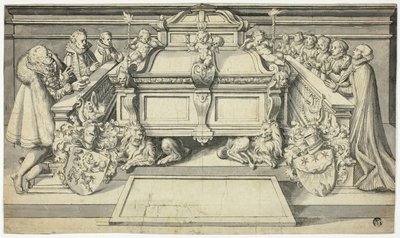 Design för epitafium: Familjemedlemmar knäböjer inför graven av Hans Holbein the Younger